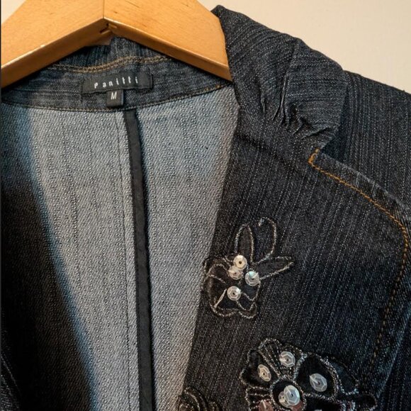 2/$35+$9.99ShipPanitti Fitted Stretch Sequin Deep Denim Blue Embroidered Jacket - Picture 9 of 12